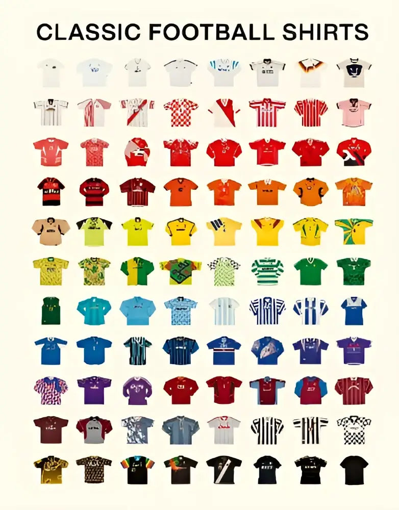 Een verzameling klassieke football shirts in diverse kleuren en designs uit het ultimate football shirts boek