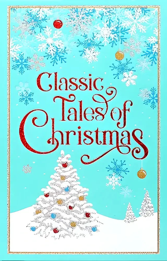 Een feestelijke turquoise deluxe leatherbound edition van classic tales of christmas met rode sierlijke titel en versierde pijnboom