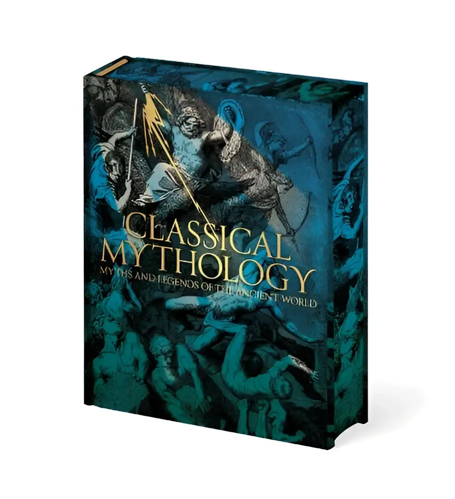 A hardcover book titled classical mythology myths and legends of the ancient world with a dark teal cover featuring intricate black and gold mythological illustrations