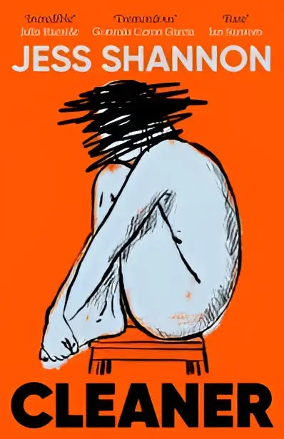 Boekcover cleaner met zwart-wit schets op oranje achtergrond van een donkere komische darkly comedic literaire debuutroman