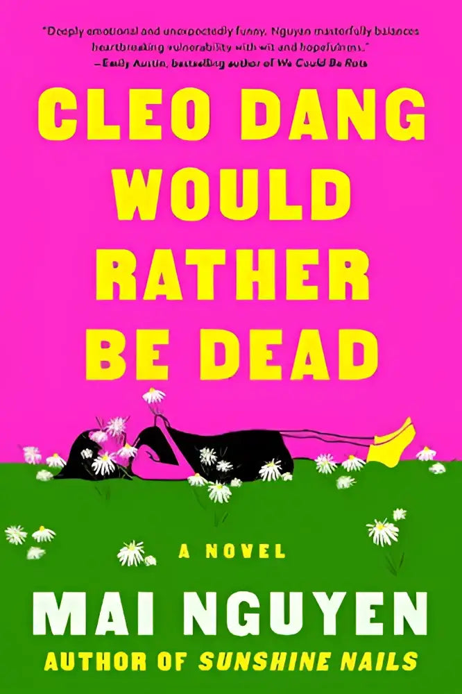 A vibrant pink novel cover of cleo dang would rather be dead featuring bold yellow text and a black silhouette on grass