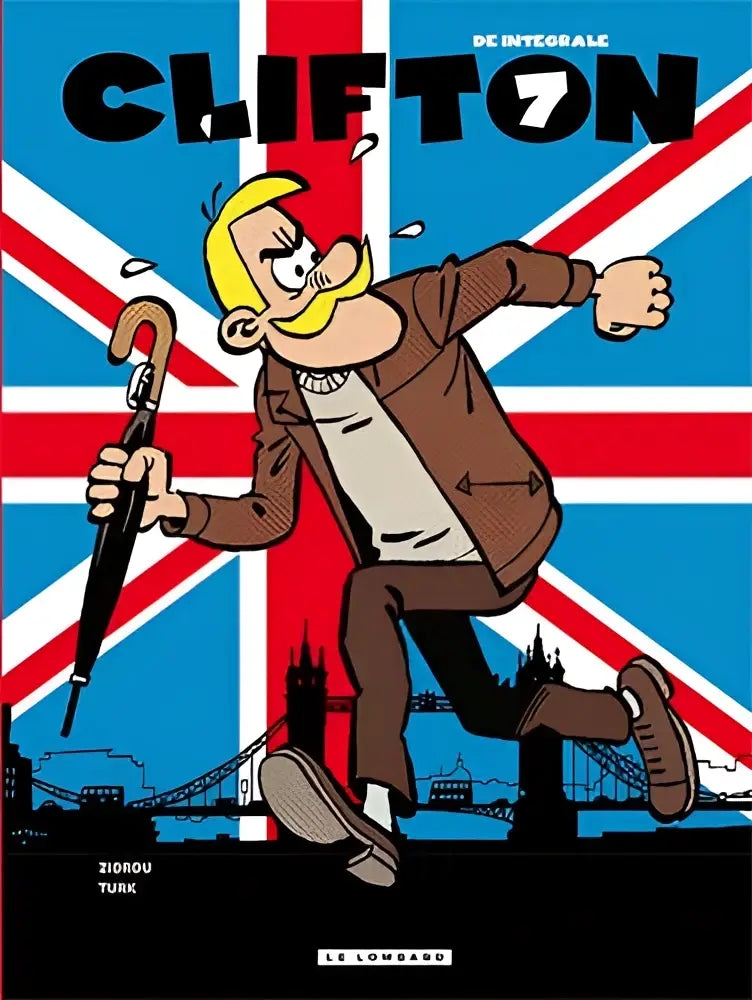 De cover van clifton integraal 7 toont een blonde man met snor die rent voor een union jack achtergrond