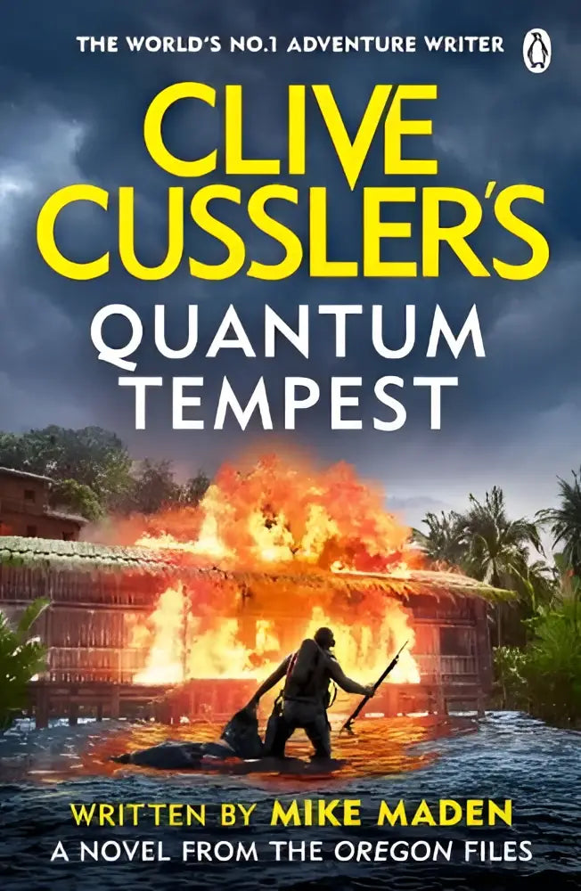 Hardcover novel clive cusslers quantum tempest with bold yellow and white lettering on a fiery tropical cover