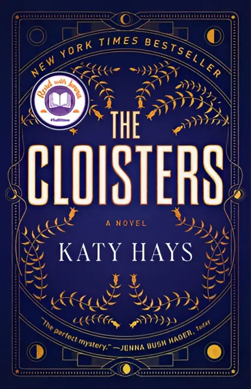 De cloisters een roman van katy hays met een donkerblauwe hardcover en gouden folieletters met laurierkransontwerp