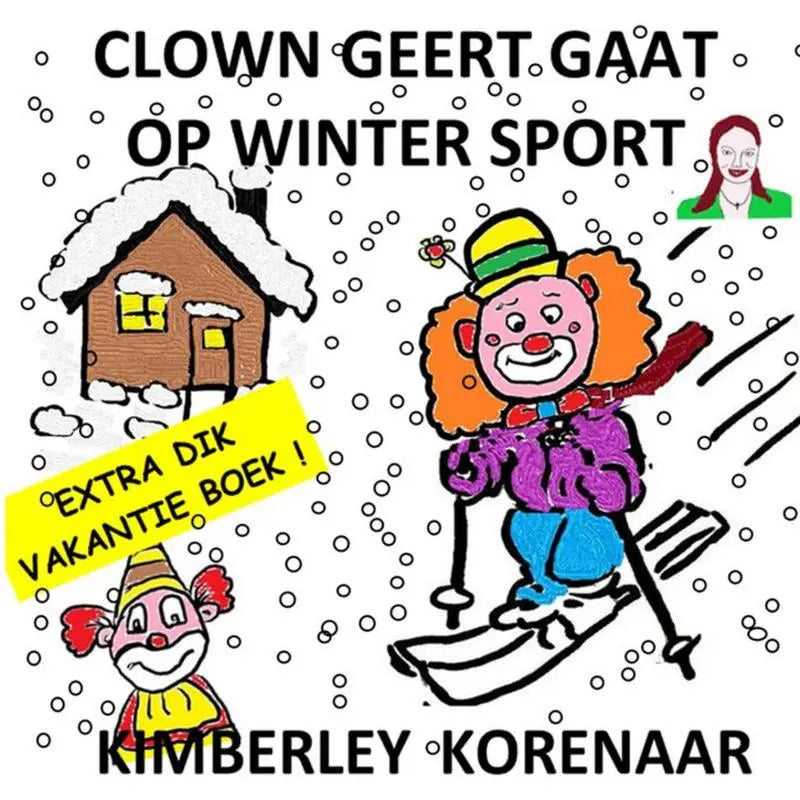 Een cartoon clown geert met oranje krullend haar en kleurrijke kleding die aan het skiën is in de sneeuw