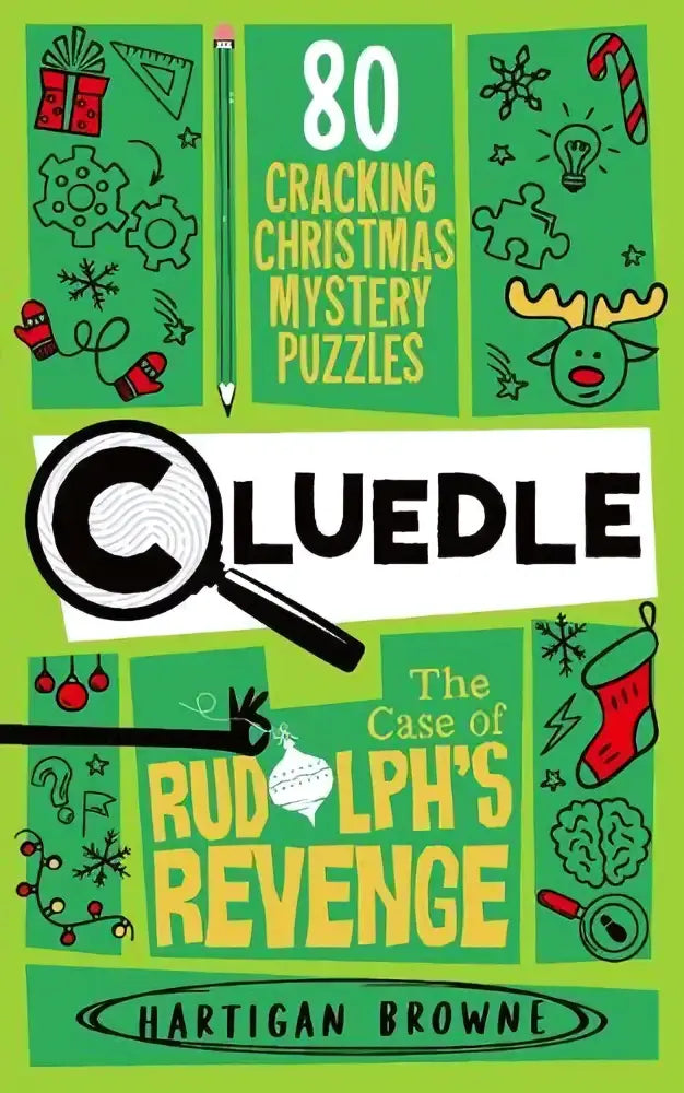 Groen boek cluedle the case of rudolphs revenge met kerstthema en nummer 80 door hartigan browne voor puzzelliefhebbers