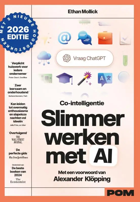 Het boek slimmer werken met ai toont een beige omslag met kleurrijke iconen van technologie en productiviteit
