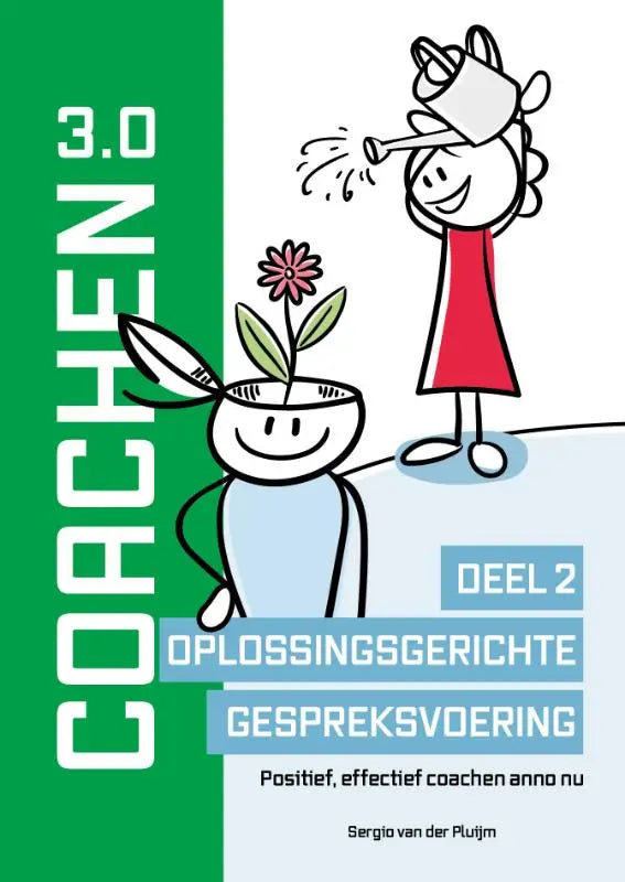 Groen-witte boekcover van coachen 3.0 met cartoon van persoon die een bloem water geeft door vrije uitgevers