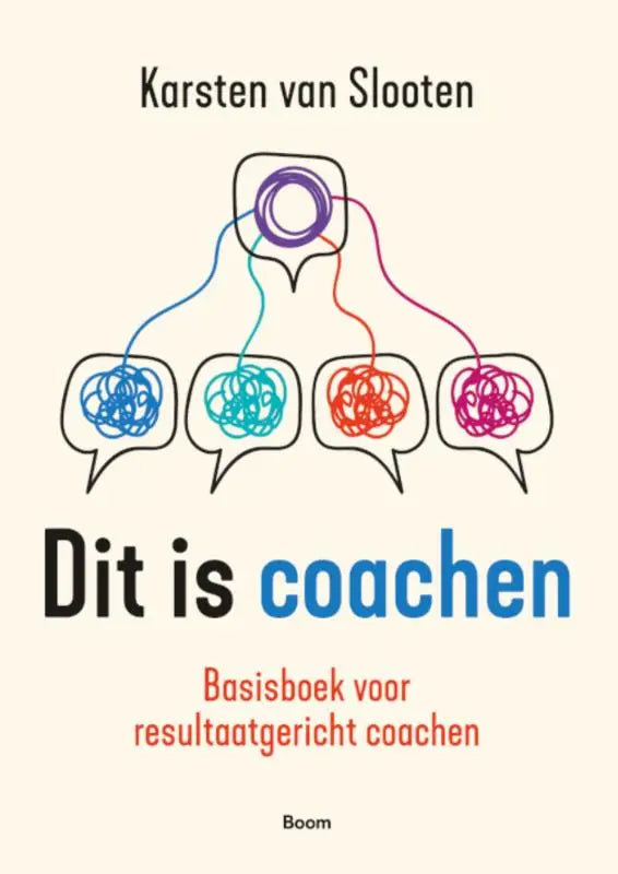 De boekcover van dit is coachen basisboek voor resultaatgericht coachen met paarse gedachtebel en kleurrijke spraakbellen