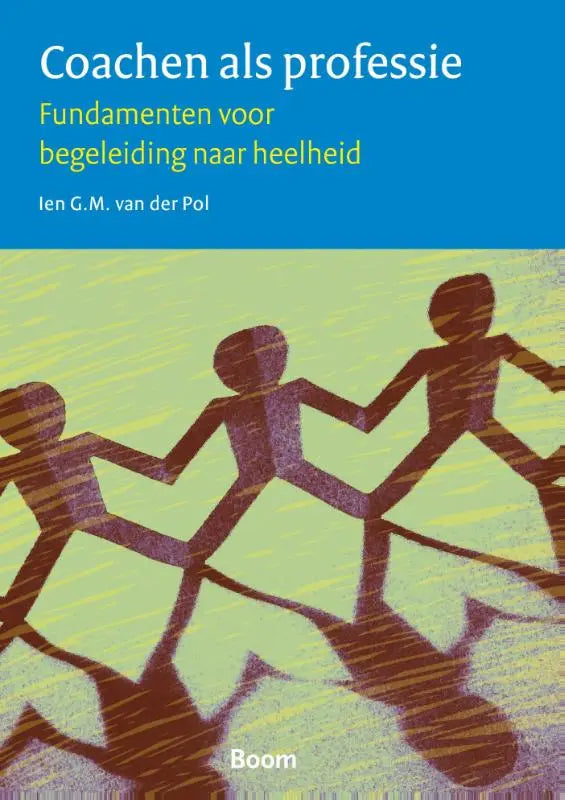 Blauwe en gele boekomslag met gestileerde paars uitgesneden figuren die handen vasthouden voor coachen als professie van koninklijke boom uitgevers