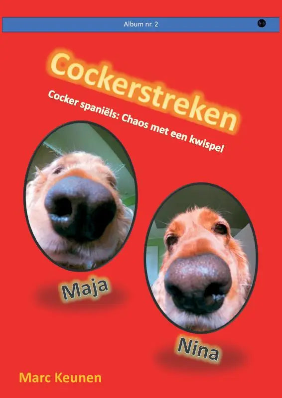 Rode albumhoes met twee ovale foto’s van cocker spaniëls maja en nina in cockerstreken chaos met een kwispel