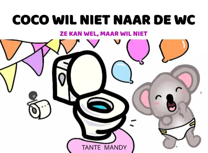Een cartoonillustratie van een witte wc met open deksel en blauwe water omringd door feestelijke versieringen voor jonge lezers in coco wil niet naar de wc