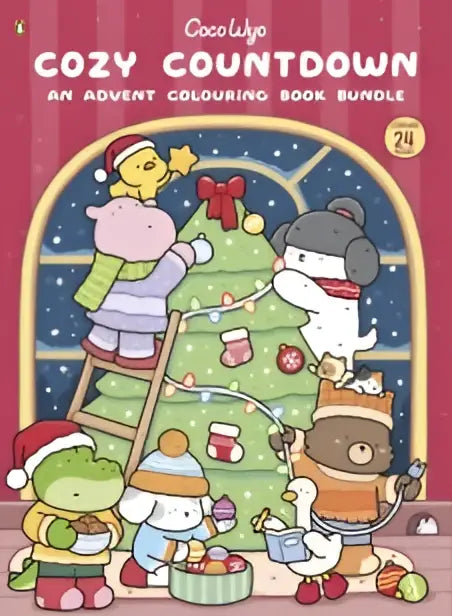 Cozylyn advent colouring book bundle featuring festive cartoon animals decorating a christmas tree with colorful ornaments