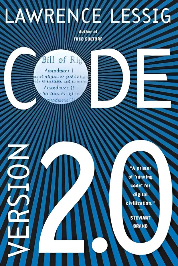 Blauw-witte boekcover met gedurfde typografie code versie 2.0 van lawrence lessig tegen dynamische radiale achtergrond
