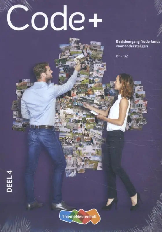Paars cover van code+ basisleergang nederlands textbook b1-b2 niveau met man en vrouw die collage in hartvorm maken