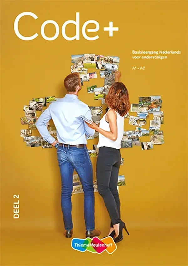 De cover van code+ basisleergang nederlands toont een gele achtergrond met witte tekst voor a1-a2 niveaus