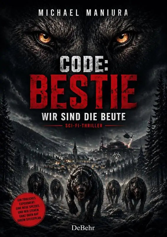 Dark, textured wolf eyes with glowing amber irises dominate the cover of michael maniura’s sci-fi thriller code bestie wir sind die beute