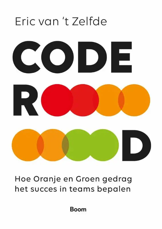 Boek cover van code rood met zwarte tekst en kleurrijke cirkels in rood oranje en groen over groen gedrag en teams bepalen