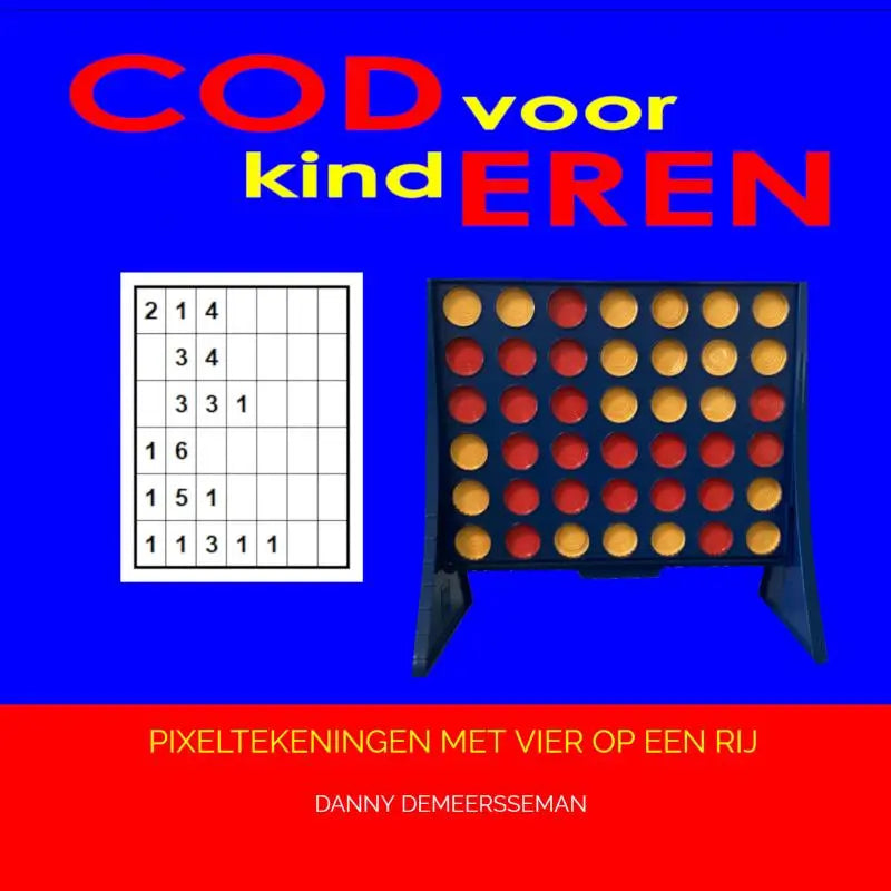 Zwart plastic vier op een rij spelbord met rode en gele schijven voor coderen voor kinderen pixeltekeningen