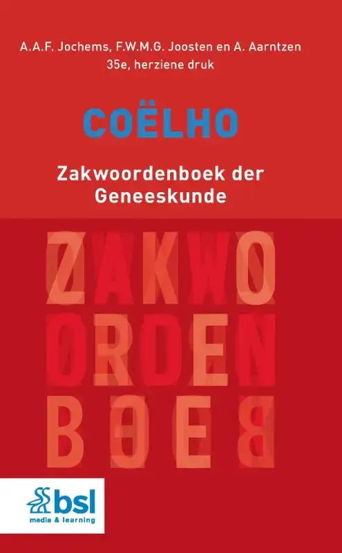 Rode hardcover medische terminologieboek coëlho zakwoordenboek der geneeskunde met blauwe en oranje tekst op de omslag