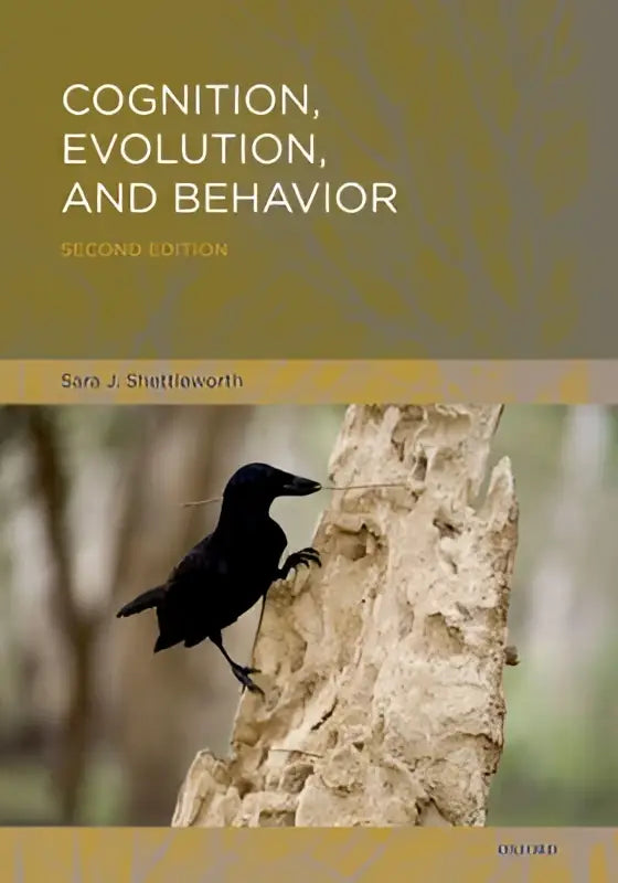 De boekomslag van cognition evolution and behavior toont een zwarte kraai op lichtbruine boomschors tegen een olijfgroene achtergrond