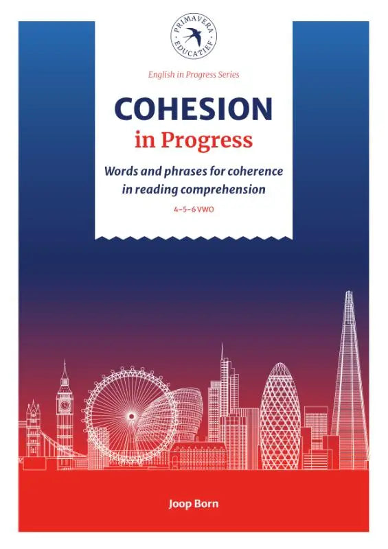 Blauw en rood verloop omslag leerboek cohesion in progress door joop born met witte lijnkunst van londense bezienswaardigheden gericht op phrases for coherence in reading comprehension
