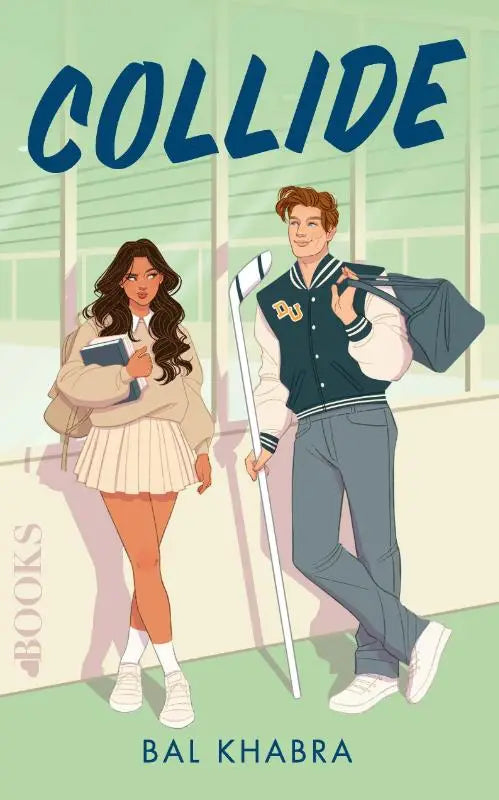 The book cover for collide by bal khabra shows two high school students off the ice, one with books and one with a hockey stick