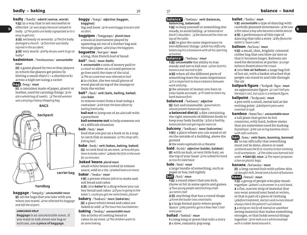 Pagina uit collins cobuild primary learner’s dictionary met definities voor kinderen over woorden gerelateerd aan bakken en balans