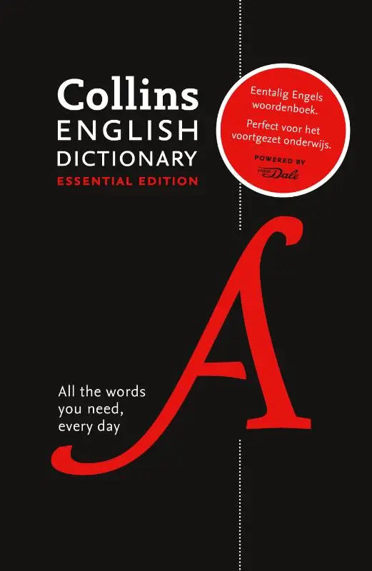 Cover van collins english dictionary essential edition met een opvallende rode letter a en witte tekst
