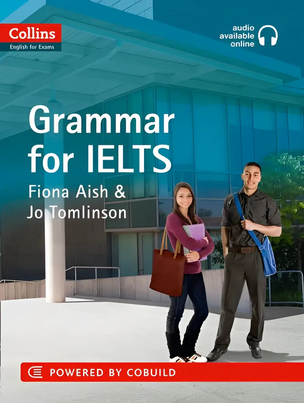 Collins grammar for ielts 5-6 plus met antwoorden en audio, blauw omslag met twee studenten voor een academisch gebouw