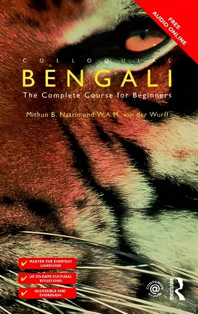 De boekcover toont een close-up van een tijgeroog in rood en groen met de titel colloquial bengali in geel op oranje achtergrond