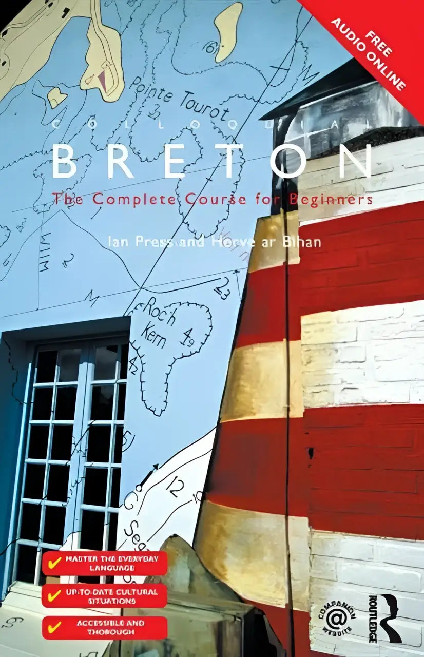 De cover van colloquial breton toont een rood-wit gestreepte vuurtoren op een blauwe kartachtergrond