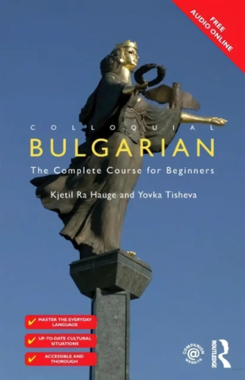 De cover van colloquial bulgarian toont een gouden beeld van een gekroonde figuur met een krans tegen een blauwe lucht