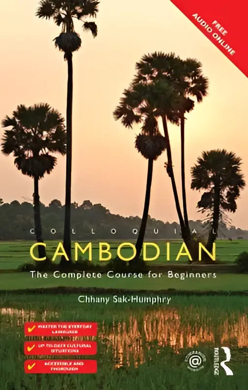The complete course for beginners colloquial cambodian book cover with warm sunset and palm tree silhouettes