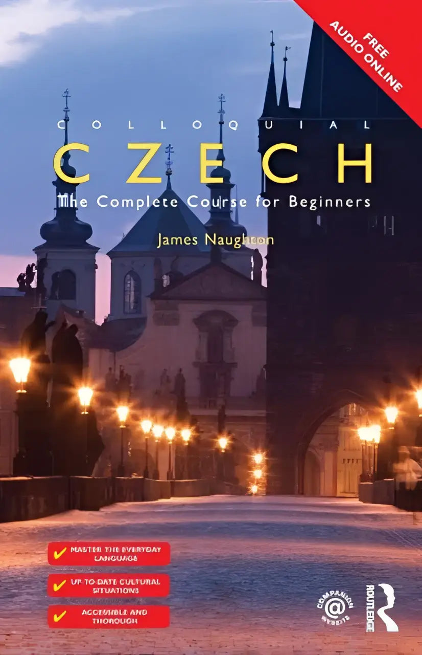 De kaft van colloquial czech the complete course for beginners van james naughton met een schemerstadscène en gotische architectuur