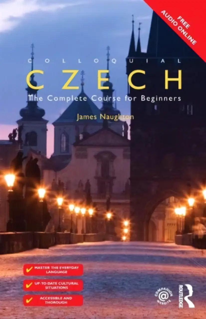 The cover of colloquial czech the complete course for beginners by james naughton features a twilight cityscape with gothic architecture
