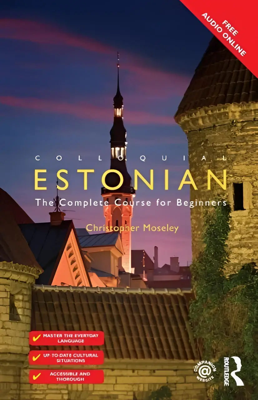 De cover van het boek colloquial estonian compleet cursus voor beginners met historische stenen gebouwen bij schemering