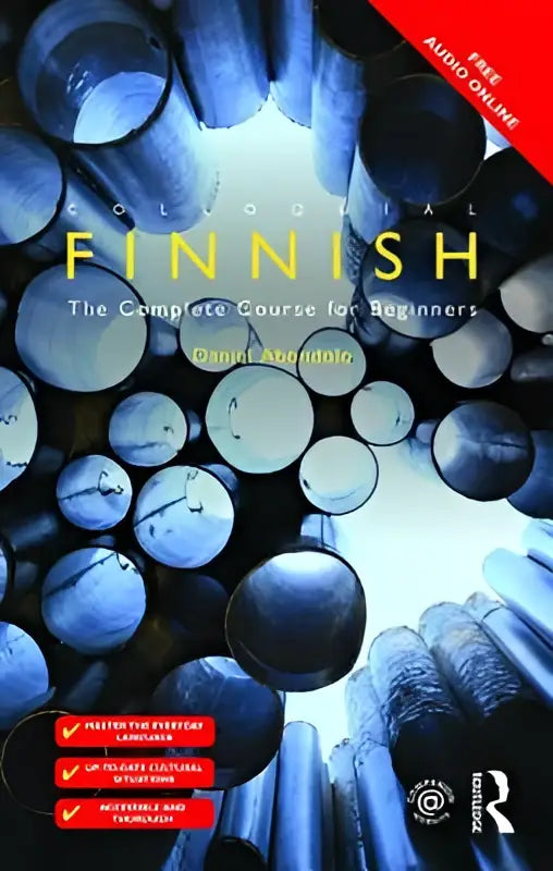 De boekomslag van colloquial finnish de complete course for beginners door rana abendroth toont blauwe metallic pijpen in perspectief op een lichte achtergrond