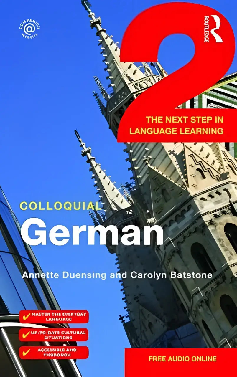 The cover of colloquial german 2 language book featuring a bold red two is the next step in learning german