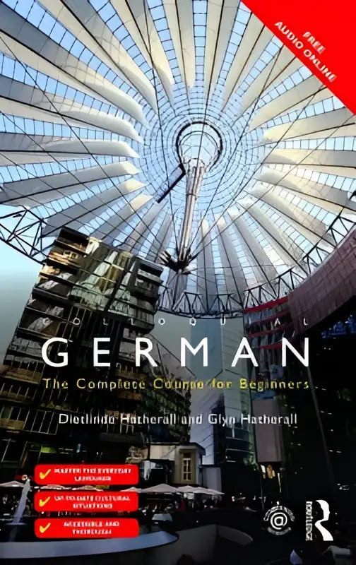 Het boek colloquial german is een gids voor beginners met zwarte tekst, rode accenten en de berlijnse kathedraal binnenin