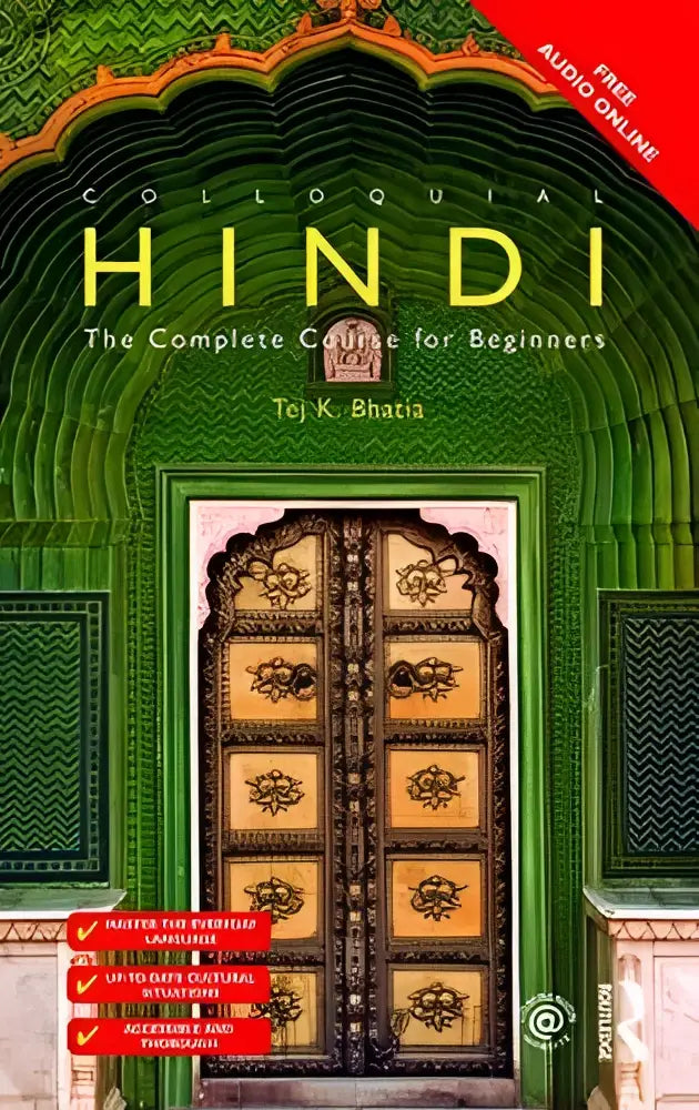 Groen en gouden sierlijke boekomslag van colloquial hindi the complete course for beginners door tej k voor beginners