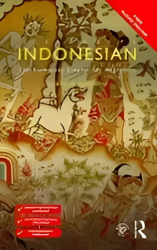De boekomslag van colloquial indonesian complete course toont kleurrijke traditionele Indonesische illustraties in goud en rood