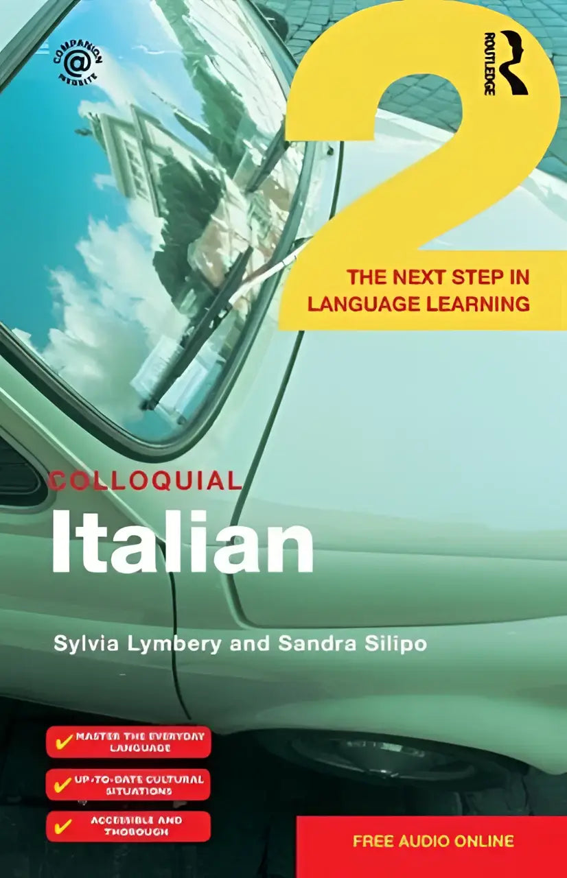 De cover van colloquial italian 2 toont een lichtgroene vintage auto met reflecterende ramen en benadrukt the next step in taal leren