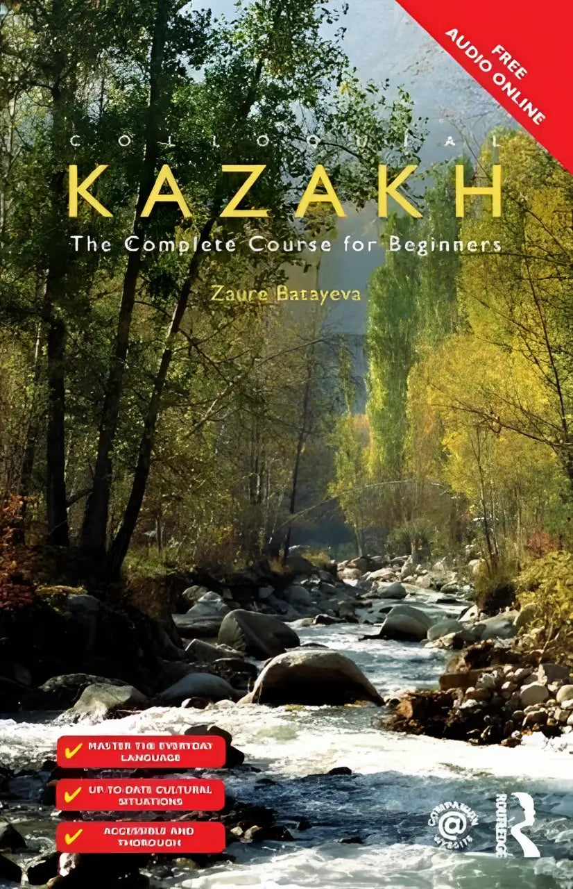 De cover van colloquial kazakh complete course for beginners door zaur batayeva toont een bosbeek met herfstachtige bomen en rotsen
