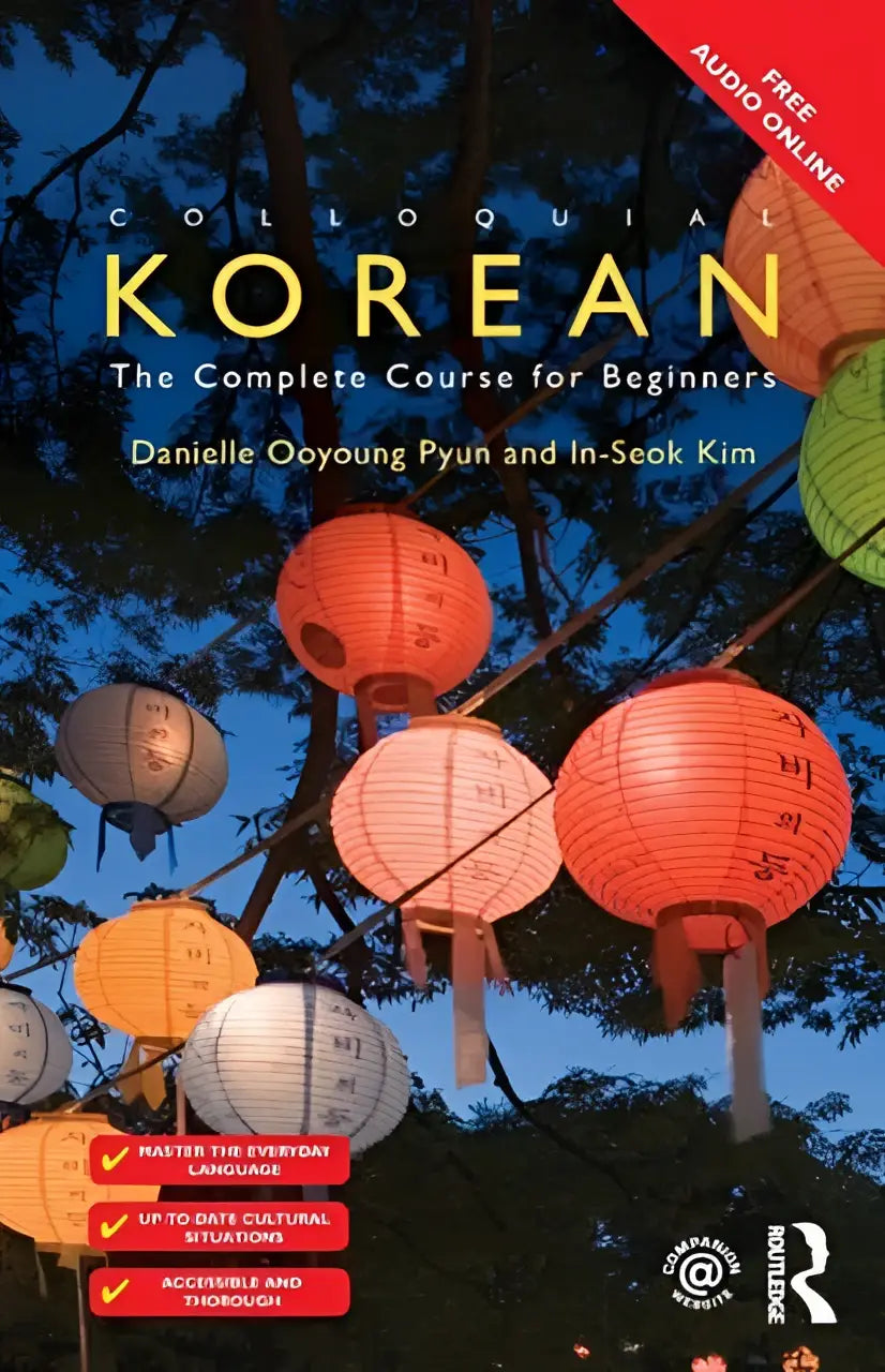 Cover van colloquial korean the complete course for beginners met kleurrijke papieren lantaarns tegen een donkere blauwe lucht