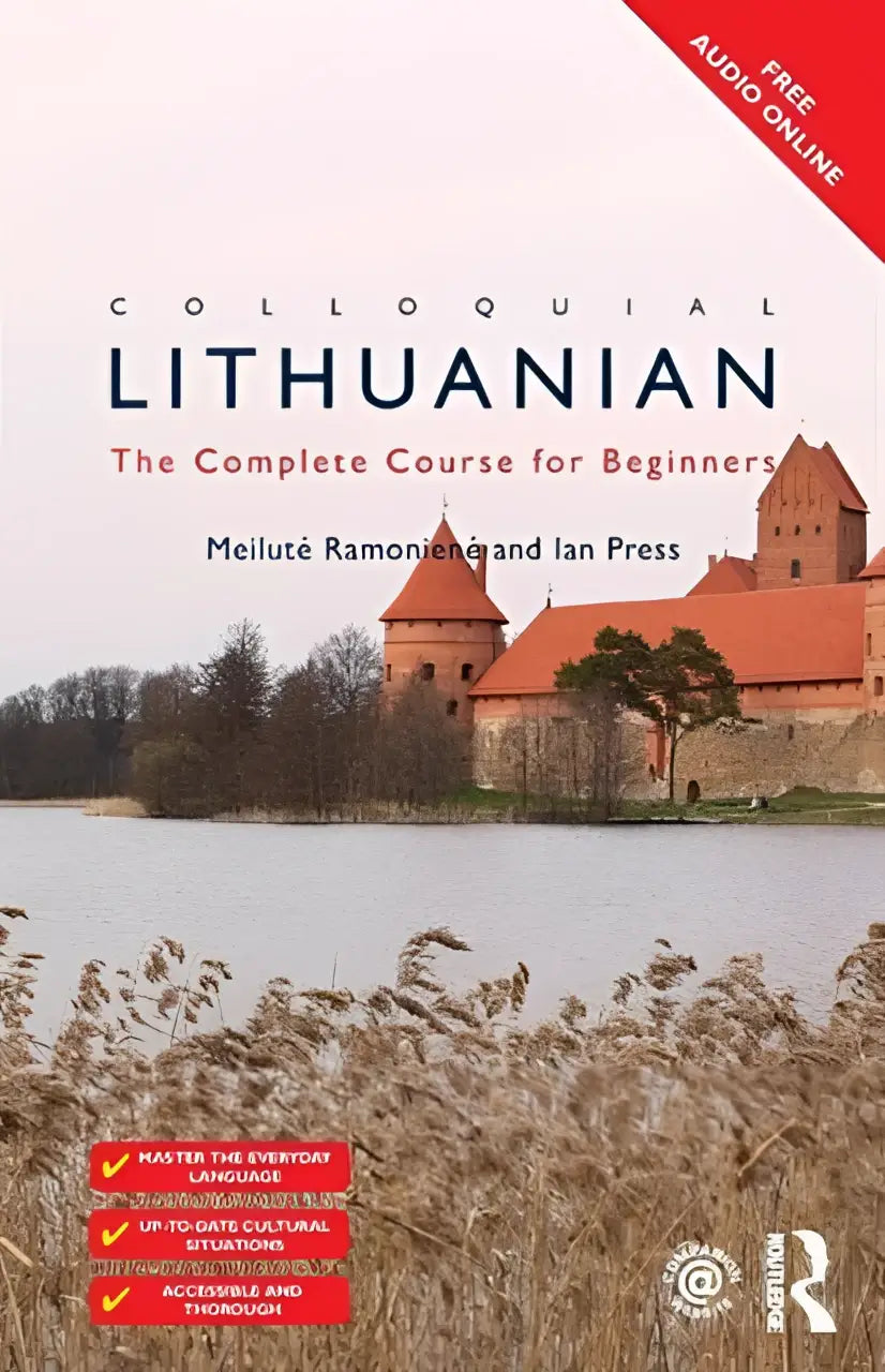 De cover van colloquial lithuanian the complete course voor beginners toont een historische stenen burcht met rode daken naast rustig water