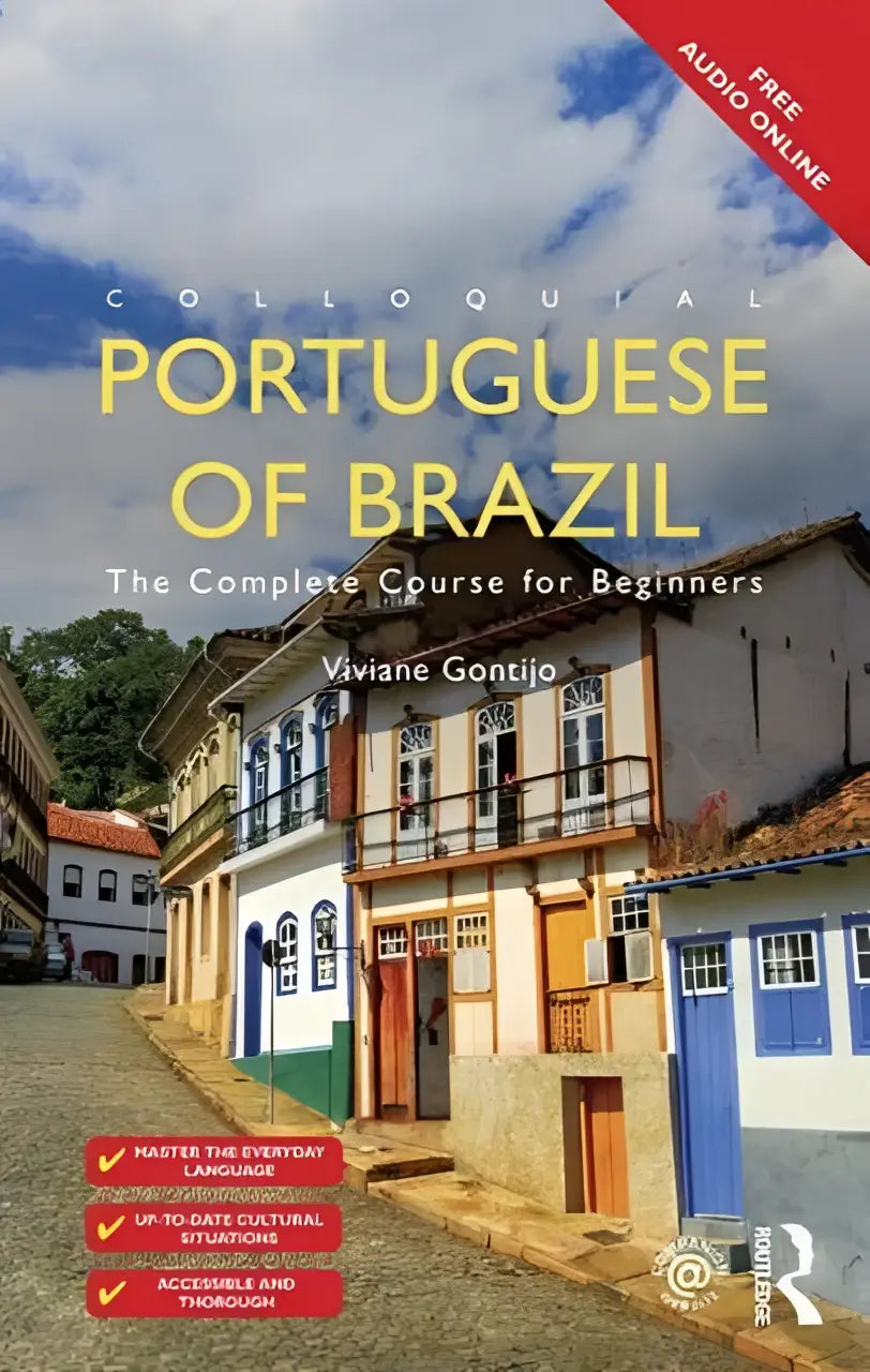 Een levendige geïllustreerde boekomslag voor colloquial portuguese of brazil door viviane gontijo gericht op informeel portugees
