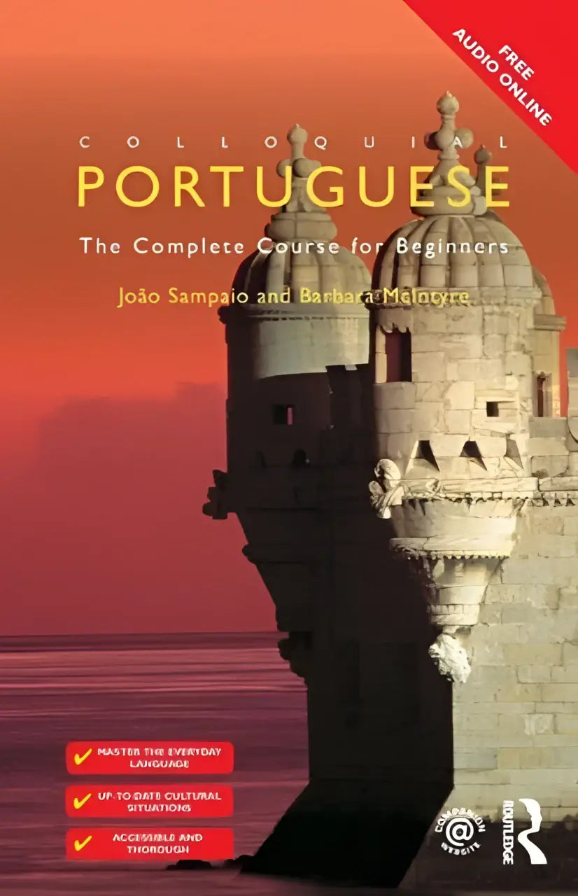De cover van colloquial portuguese the complete course for beginners toont een stenen toren tegen een oranje zonsondergang voor de complete course for beginners