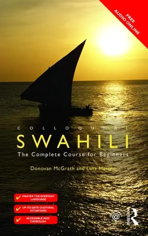 De boekcover van colloquial swahili toont de complete course voor beginners in gouden letters tegen een zonsondergang