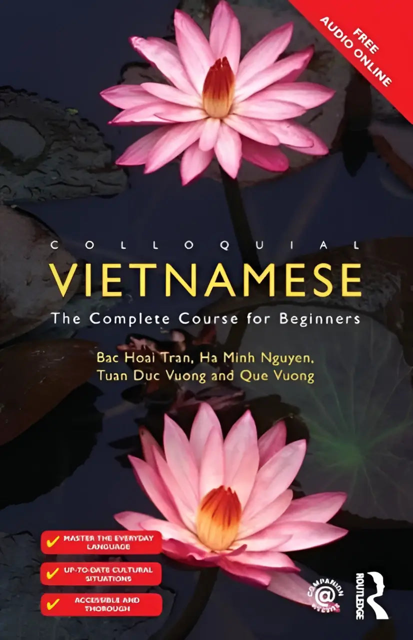 Cover van een boek over colloquial vietnamese met een roze lotusbloem op een donkere achtergrond